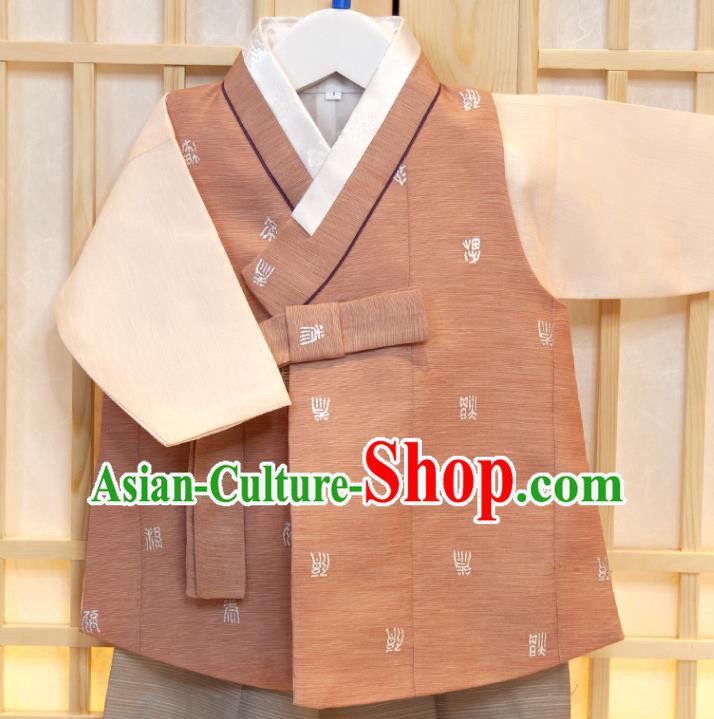 Korea Children Garment Costumes Korean Boys Prince Birthday Hanbok Traditional Fashion Clothing Orange Vest Beige Shirt and Grey Pants
