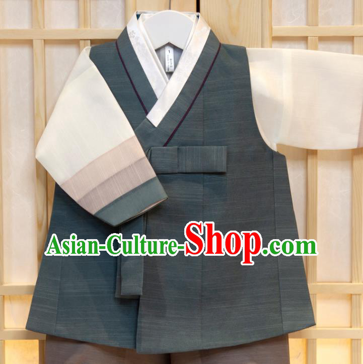 Korea Traditional Fashion Clothing Atrovirens Vest Beige Shirt and Grey Pants Children Garment Costumes Korean Boys Prince Birthday Hanbok