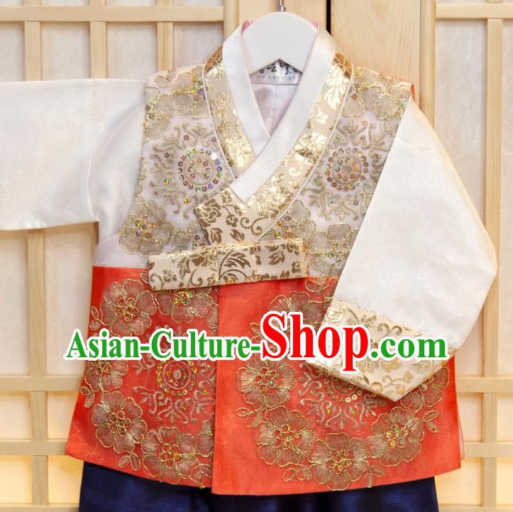 Korea Children Garment Red Vest White Shirt and Navy Pants Korean Boys Prince Birthday Hanbok Costumes Traditional Fashion Clothing
