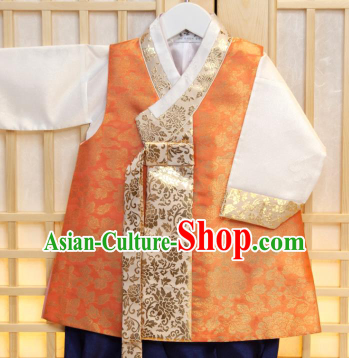 Korean Boys Prince Birthday Hanbok Costumes Korea Traditional Fashion Clothing Children Garment Orange Vest White Shirt and Navy Pants