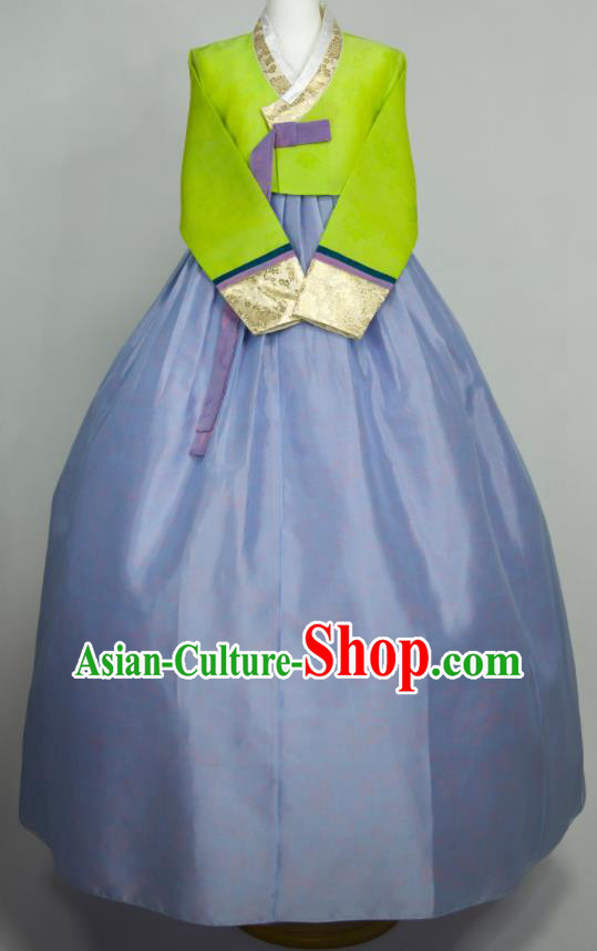 Korean Elderly Woman Hanbok Green Blouse and Blue Dress Wedding Bride Mother Fashion Costumes Traditional Festival Clothing