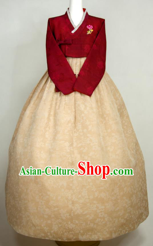 Korean Court Hanbok Wine Red Blouse and Yellow Dress Festival Celebration Fashion Costumes Traditional Wedding Bride Clothing