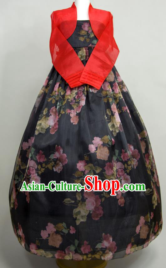Korean Court Hanbok Red Blouse and Printing Black Dress Classical Dance Fashion Costumes Traditional Festival Celebration Clothing