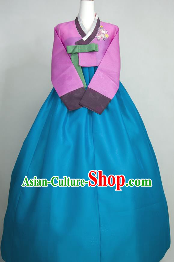 Korean Classical Bride Fashion Costumes Traditional Wedding Celebration Clothing Court Hanbok Embroidered Violet Blouse and Blue Dress