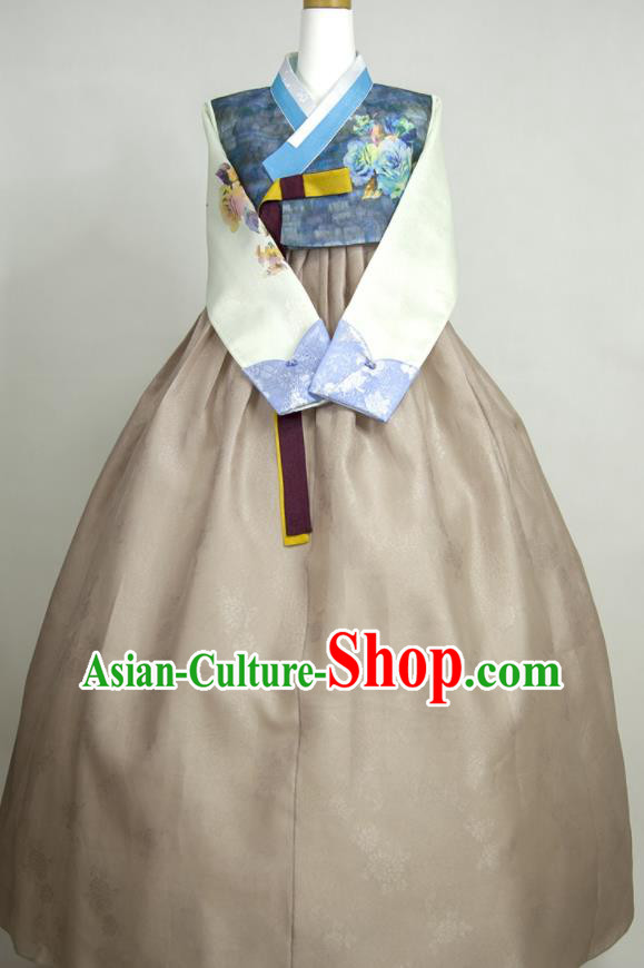 Korea Bride Mother Fashion Costumes Korean Classical Hanbok Printing Blue Blouse and Grey Dress Traditional Wedding Celebration Clothing