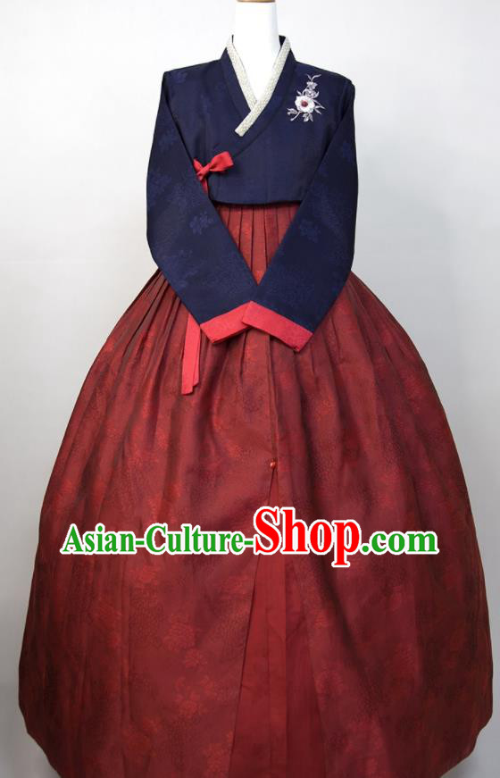 Korea Classical Hanbok Navy Blouse and Dark Red Dress Korean Traditional Wedding Mother Clothing Celebration Fashion Costumes