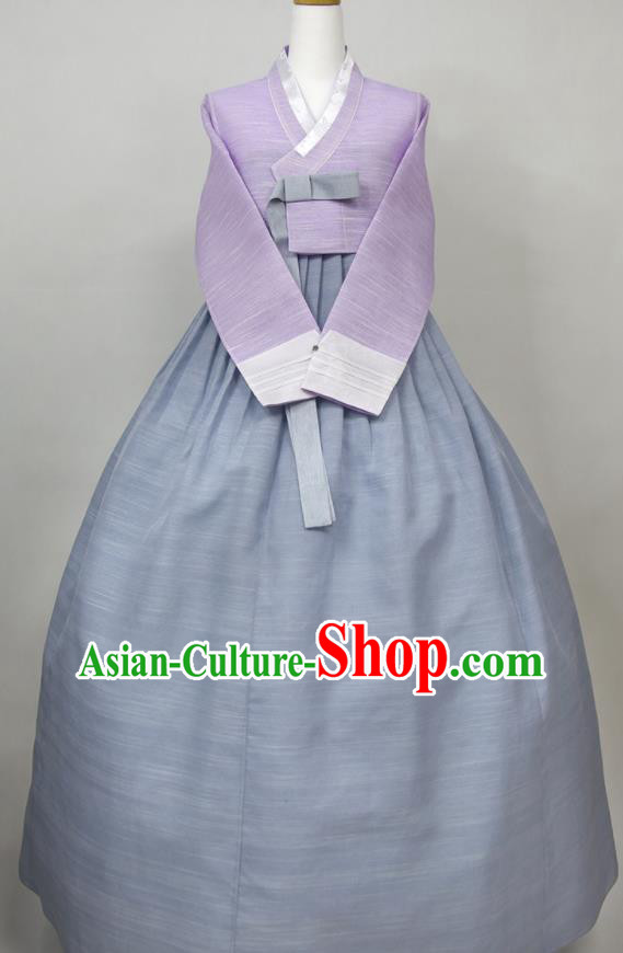 Korean Elderly Woman Classical Hanbok Lilac Blouse and Blue Dress Traditional Wedding Mother Clothing Korea Celebration Fashion Costumes