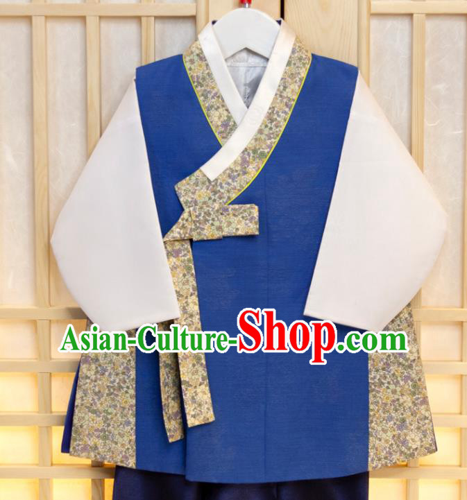 Korea Traditional Garment Costumes Korean Boys Prince Birthday Fashion Hanbok Clothing Children Blue Vest White Shirt and Navy Pants