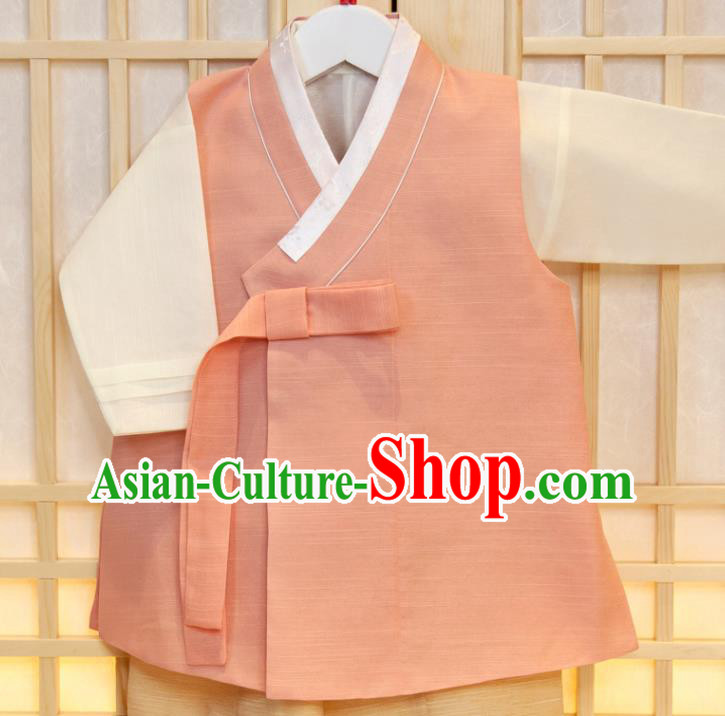 Korean Boys Prince Birthday Fashion Costumes Traditional Hanbok Clothing Korea Children Garment Pink Vest Beige Shirt and Yellow Pants