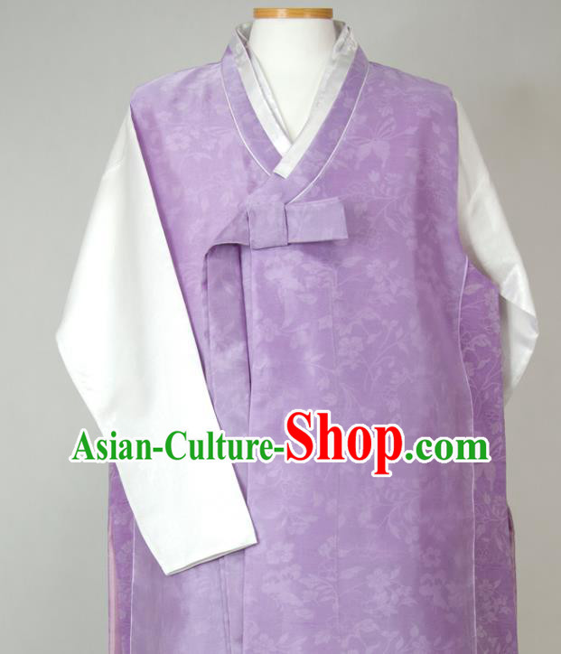 Korean Young Male Hanbok Violet Long Vest White Shirt and Navy Pants Traditional Costumes Korea Classical Wedding Bridegroom Clothing