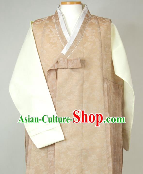 Korea Classical Wedding Bridegroom Clothing Korean Young Male Hanbok Khaki Long Vest Beige Shirt and Grey Pants Traditional Costumes