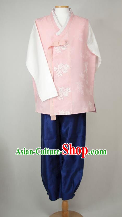 Korea Traditional Costumes Classical Wedding Bridegroom Clothing Korean Hanbok Young Male Pink Vest White Shirt and Navy Pants