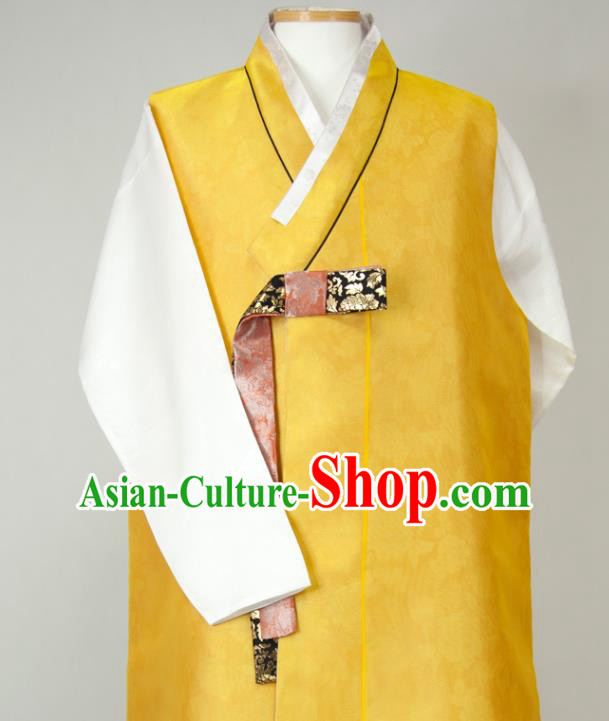 Korea Classical Wedding Bridegroom Clothing Korean Hanbok Young Male Yellow Long Vest White Shirt and Navy Pants Traditional Costumes