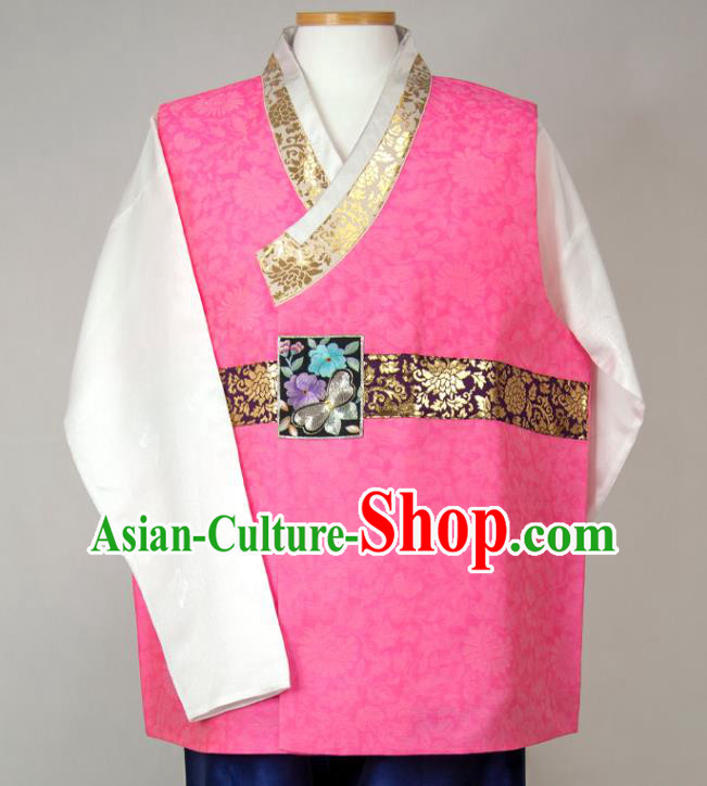 Korean Wedding Hanbok Korea Young Male Rosy Vest White Shirt and Navy Pants Traditional Festival Costumes Bridegroom Clothing