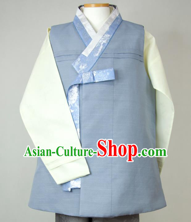 Korea Traditional Festival Costumes Bridegroom Clothing Korean Wedding Hanbok Young Man Blue Vest Beige Shirt and Grey Pants