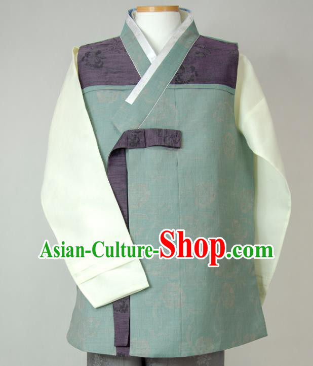 Korea Young Man Green Vest Beige Shirt and Grey Pants Korean Traditional Bridegroom Costumes Festival Clothing Wedding Hanbok