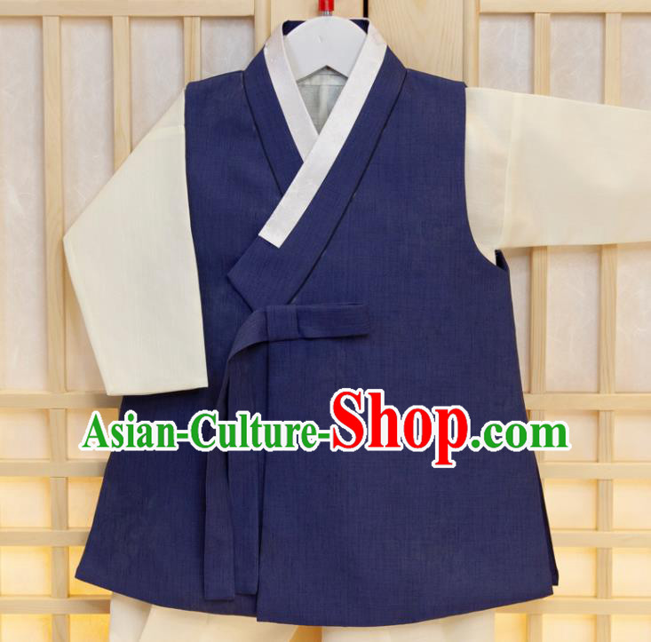 Korean Traditional Garment Costumes Hanbok Clothing Korea Boys Prince Fashion Children Festival Navy Vest Beige Shirt and Pants
