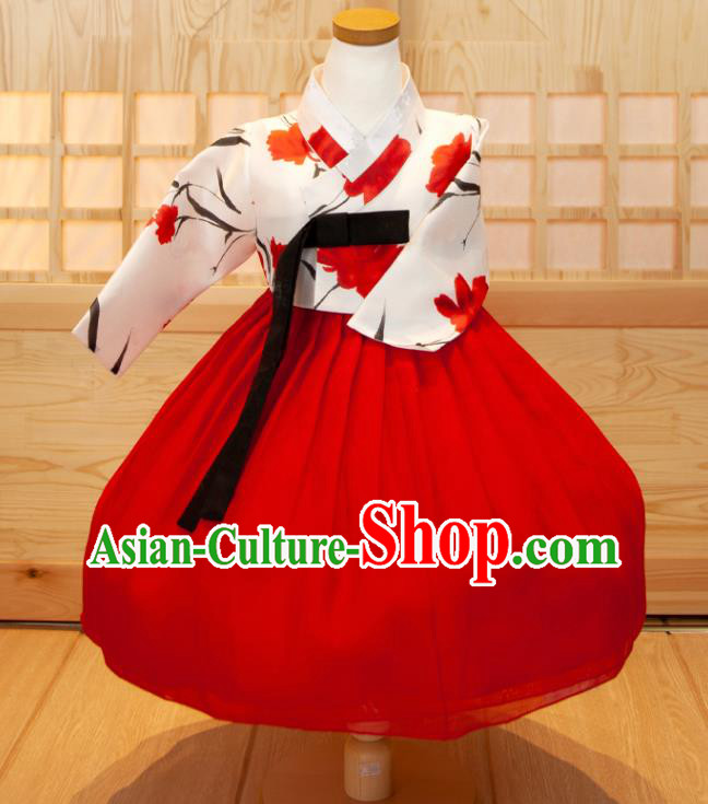 Korea Traditional Garment Costumes Children Hanbok Clothing Korean Princess Fashion Girl Festival Printing White Shirt and Red Dress