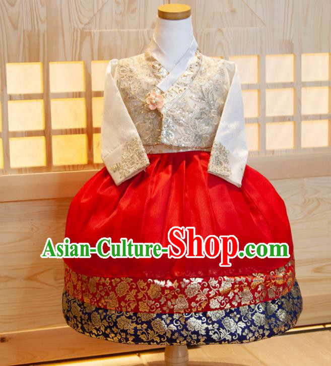 Korean Children Hanbok Clothing Princess Fashion Korea Girl Festival White Shirt and Red Dress Traditional Garment Costumes