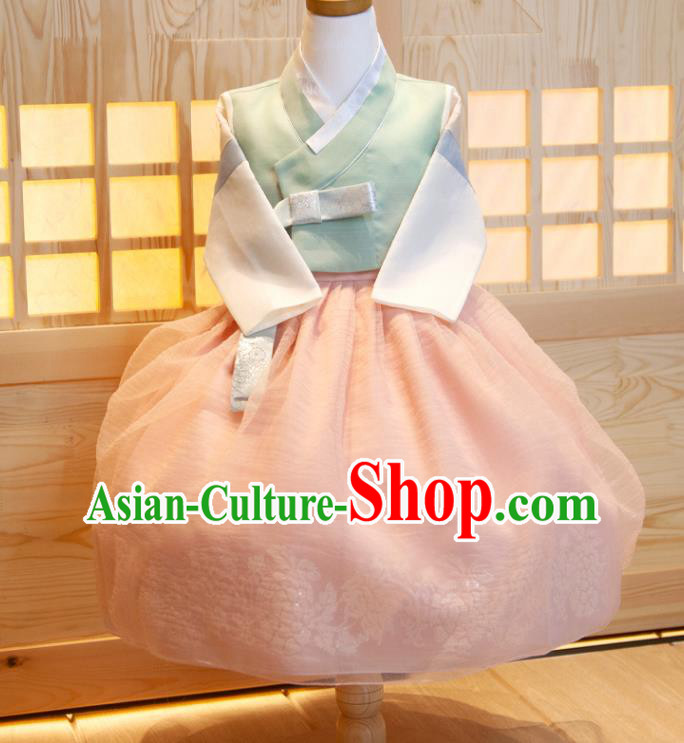 Korean Traditional Garment Costumes Korea Children Princess Hanbok Clothing Girl Festival Fashion Green Shirt and Pink Dress