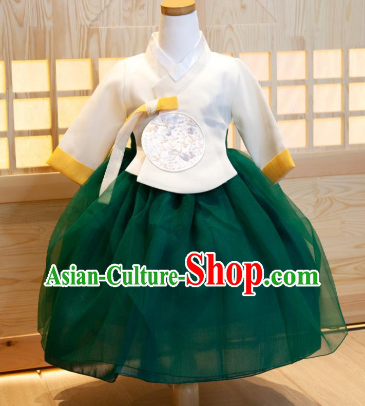 Korean Girl Princess Hanbok Clothing Children Festival Fashion White Shirt and Green Dress Korea Traditional Garment Costumes