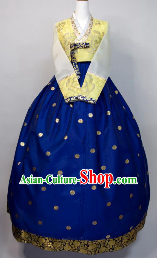 Korean Traditional Wedding Costumes Court Bride Hanbok Festival Ceremony Clothing Woman Fashion Yellow Blouse and Royalblue Dress