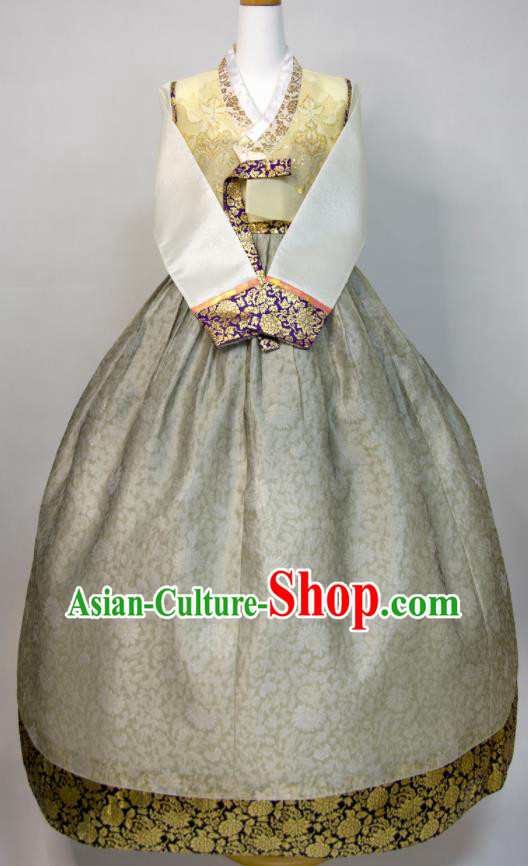 Korean Court Bride Hanbok Festival Ceremony Clothing Woman Fashion Yellow Blouse and Grey Dress Traditional Wedding Costumes