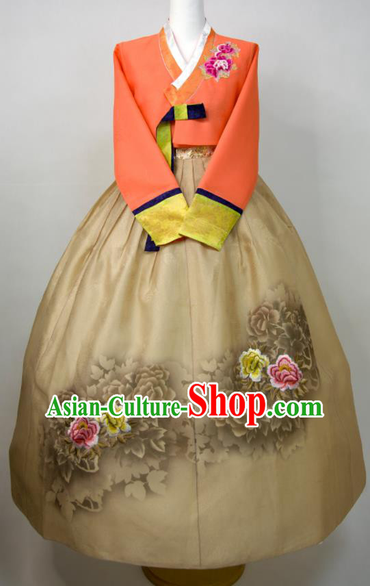 Korean Woman Fashion Embroidered Orange Blouse and Ginger Dress Traditional Wedding Costumes Court Bride Hanbok Festival Ceremony Clothing
