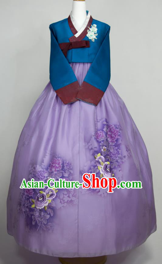 Korean Wedding Bride Mother Fashion Costumes Traditional Festival Clothing Elderly Woman Hanbok Blue Blouse and Purple Dress