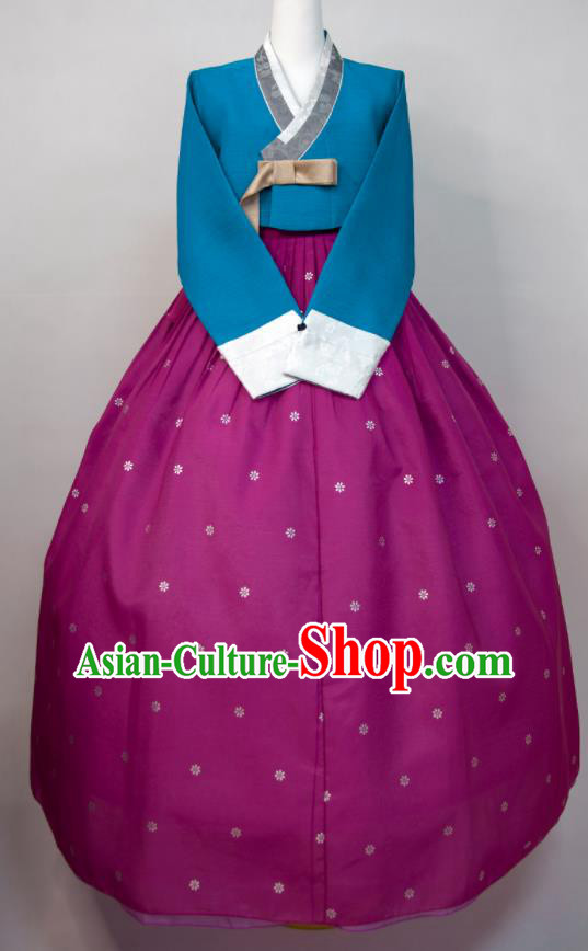 Korean Court Ceremony Hanbok Woman Fashion Blue Blouse and Purple Dress Wedding Bride Costumes Traditional Festival Clothing