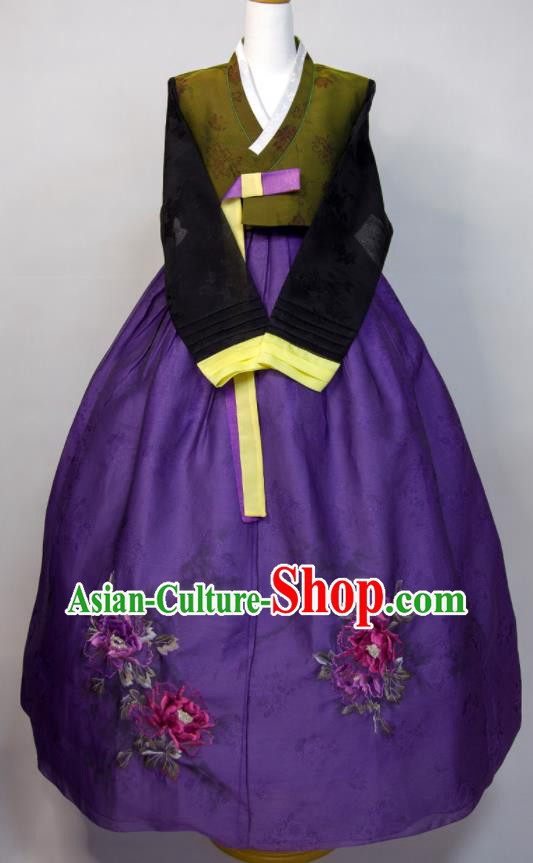 Korean Traditional Festival Clothing Court Ceremony Hanbok Woman Fashion Green Blouse and Purple Dress Wedding Bride Costumes