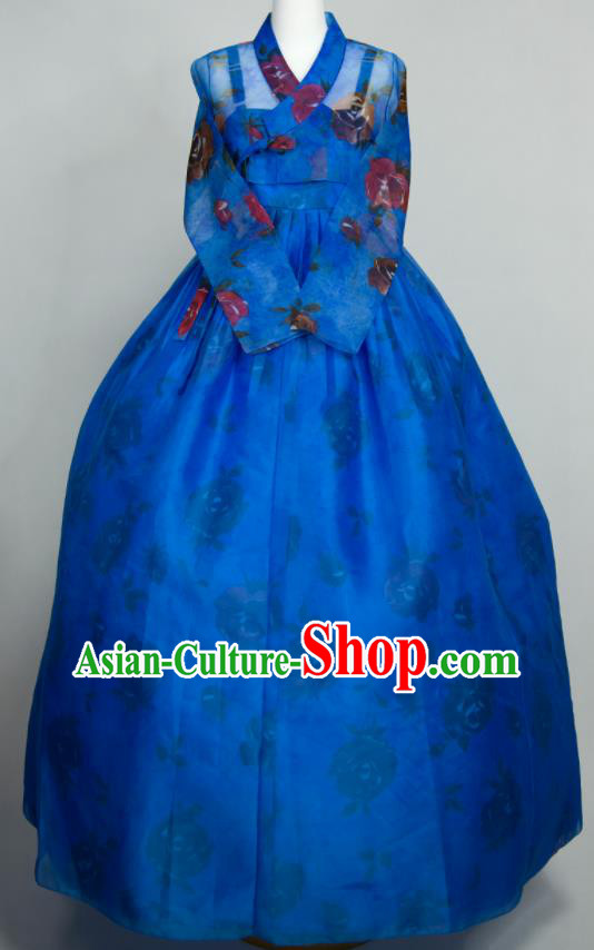 Korean Court Woman Fashion Hanbok Printing Blouse and Blue Dress Wedding Bride Costumes Traditional Festival Clothing