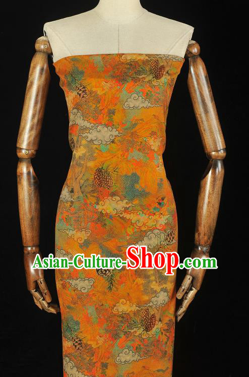 Chinese Orange Gambiered Guangdong Gauze Cheongsam Silk Cloth Traditional Cloud Pine Cone Pattern DIY Fabric