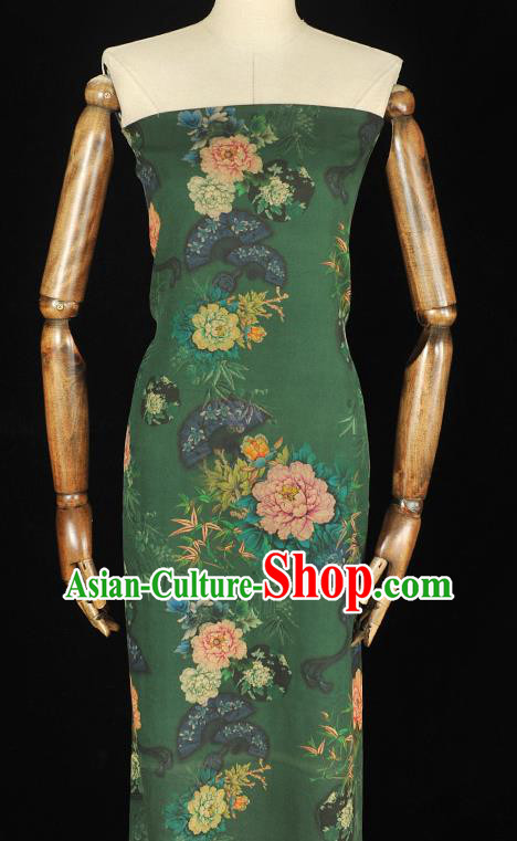 Chinese Cheongsam Silk Cloth Traditional Peony Fan Pattern DIY Fabric Deep Green Gambiered Guangdong Gauze