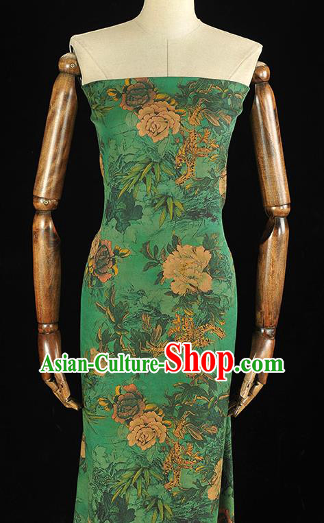Chinese Traditional Peony Pattern DIY Fabric Green Gambiered Guangdong Gauze Cheongsam Silk Cloth