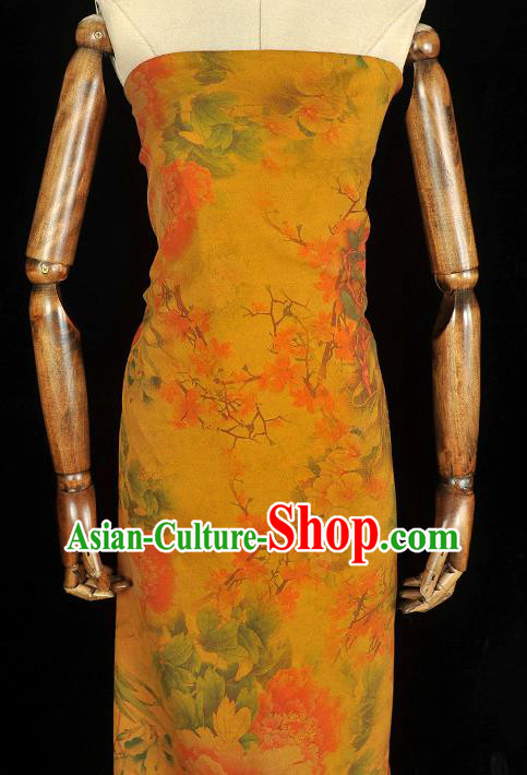 Chinese Traditional Rich Peony Pattern DIY Dress Fabric Yellow Gambiered Guangdong Gauze Cheongsam Silk Cloth