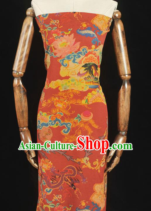 Chinese Traditional Dragon Lotus Pattern Dress Fabric Cheongsam Silk Cloth Red Gambiered Guangdong Gauze