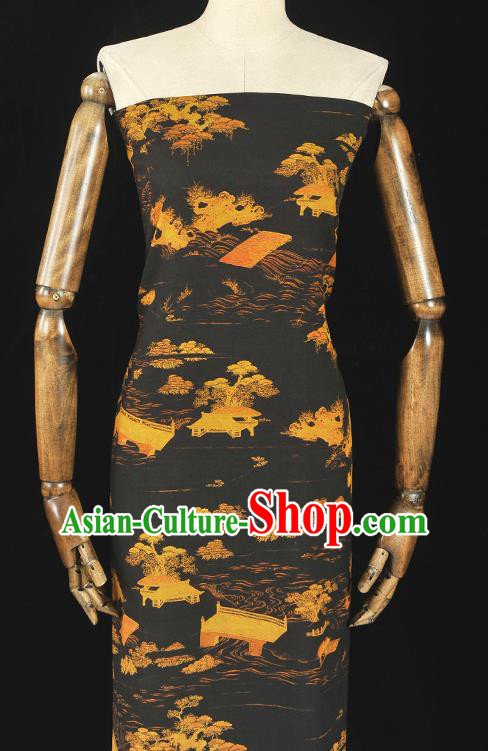 Chinese Cheongsam Silk Cloth Black Gambiered Guangdong Gauze Traditional Landscape Pattern Dress Fabric