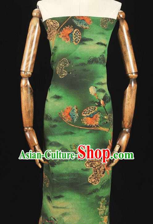 Chinese Traditional Lotus Seedpod Pattern Dress Fabric Cheongsam Silk Cloth Green Gambiered Guangdong Gauze