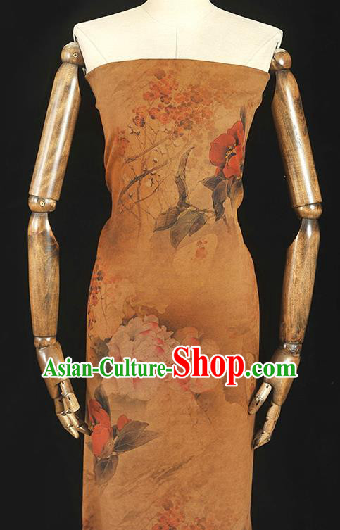 Chinese High Quality Ginger Gambiered Guangdong Gauze Traditional Peony Pattern Dress Fabric Cheongsam Silk Cloth