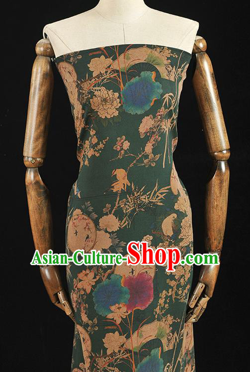 Chinese Top Green Gambiered Guangdong Gauze Traditional Peony Fan Pattern Dress Fabric Cheongsam Silk Cloth