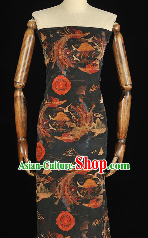 Top Chinese Classical Phoenix Pattern Gambiered Guangdong Gauze Traditional Jacquard Satin Cloth Cheongsam Black Silk Fabric