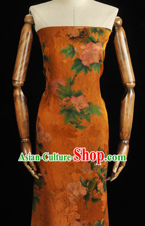 Top Chinese Cheongsam Silk Fabric Classical Hibiscus Pattern Orange Gambiered Guangdong Gauze Traditional Jacquard Satin Cloth