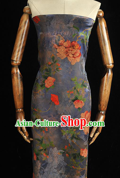 Top Chinese Traditional Jacquard Satin Cloth Cheongsam Silk Fabric Classical Peony Pattern Blue Gambiered Guangdong Gauze