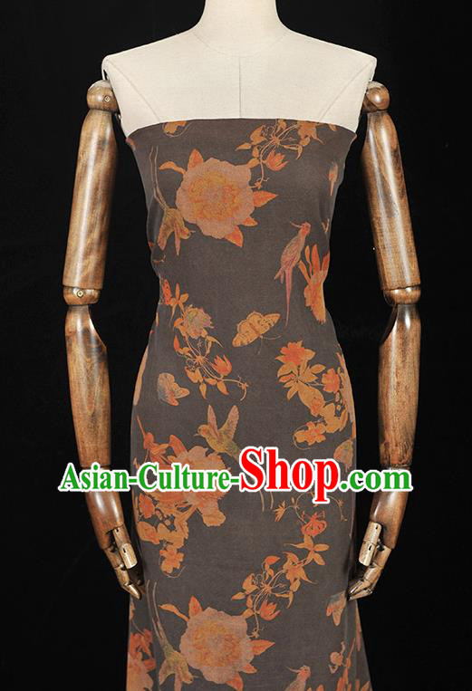Chinese Cheongsam Silk Fabric Top Grey Gambiered Guangdong Gauze Traditional Flowers Pattern Dress Cloth