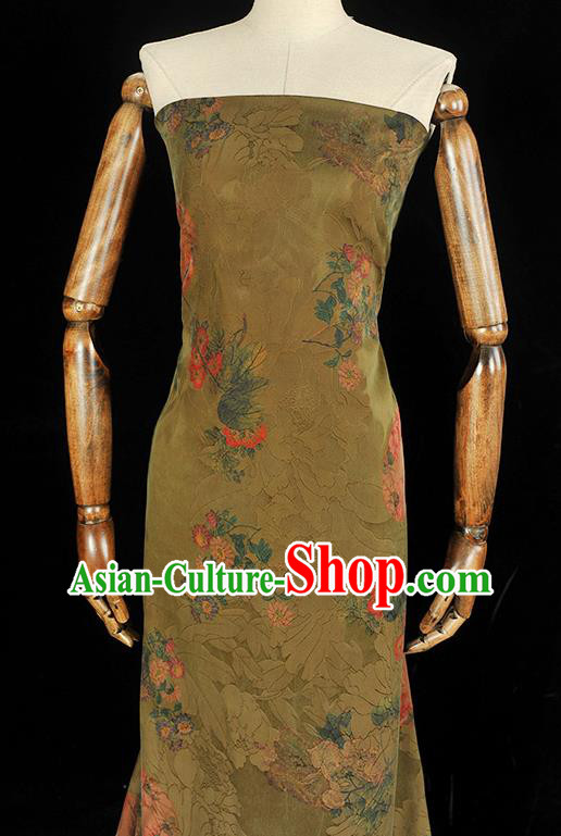 Top Chinese Cheongsam Classical Daisy Pattern Silk Fabric Olive Green Gambiered Guangdong Gauze Traditional Jacquard Brocade Cloth
