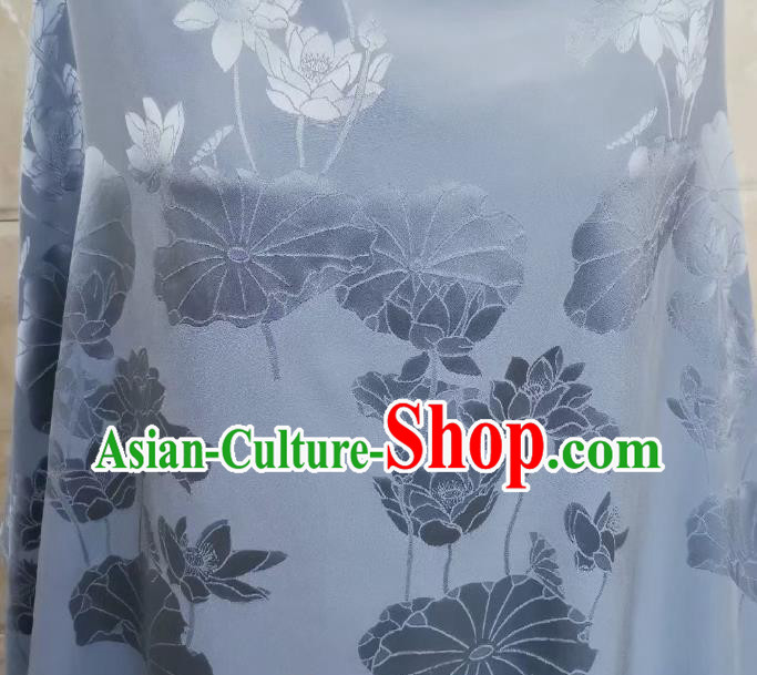 Chinese Traditional Jacquard Brocade Drapery Cheongsam Blue Silk Fabric Classical Lotus Pattern Satin Cloth