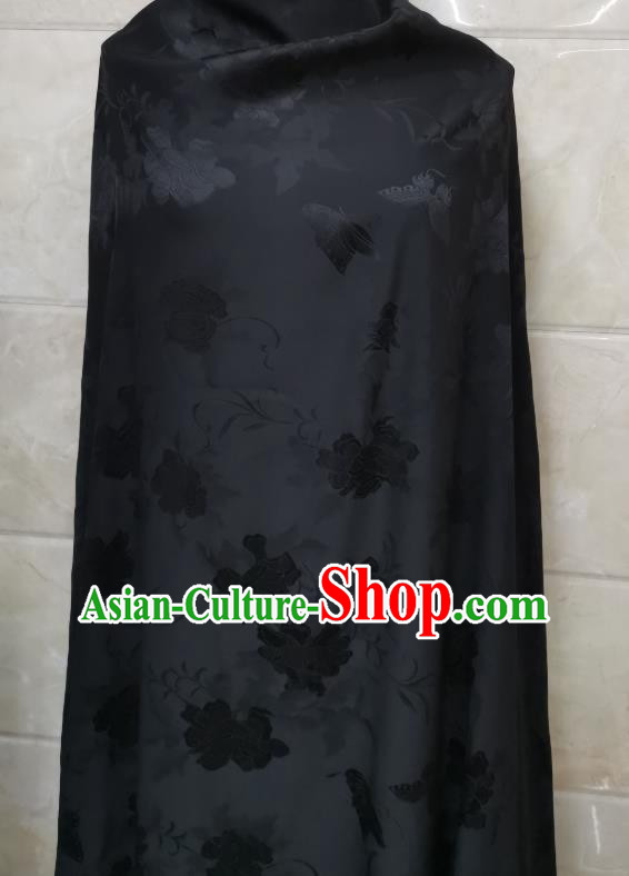 Chinese Traditional Qipao Dress Drapery Silk Fabric Classical Peony Pattern Black Brocade Cloth Jacquard Tapestry Material