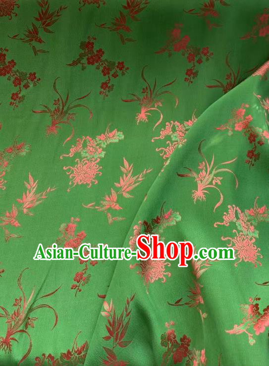 Chinese Green Tapestry Material Traditional Qipao Dress Drapery Silk Fabric Classical Plum Orchids Bamboo Chrysanthemum Pattern Brocade Cloth