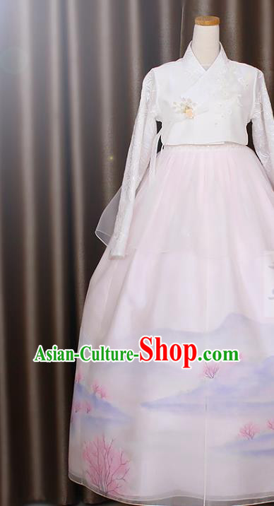 Asian Korea Traditional Fashion Garments Korean Court Princess Hanbok Clothing Bride White Blouse and Printing Dress